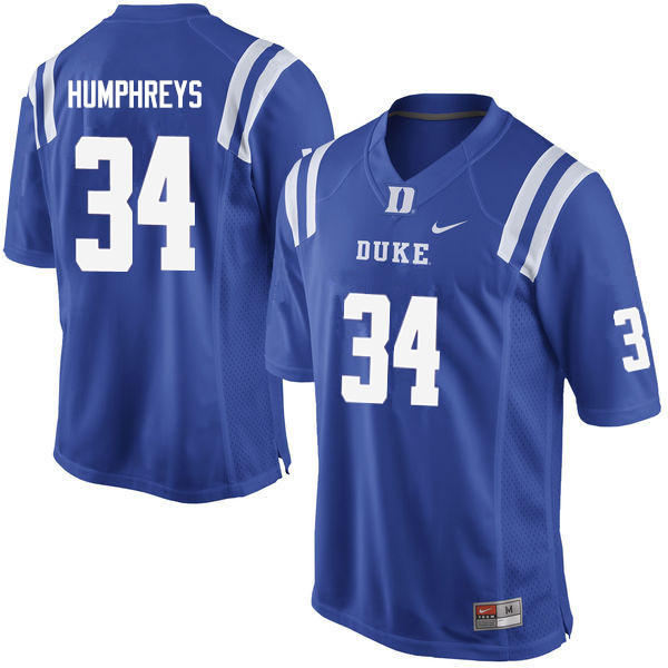 Men #34 Ben Humphreys Duke Blue Devils College Football Jerseys Sale-Blue